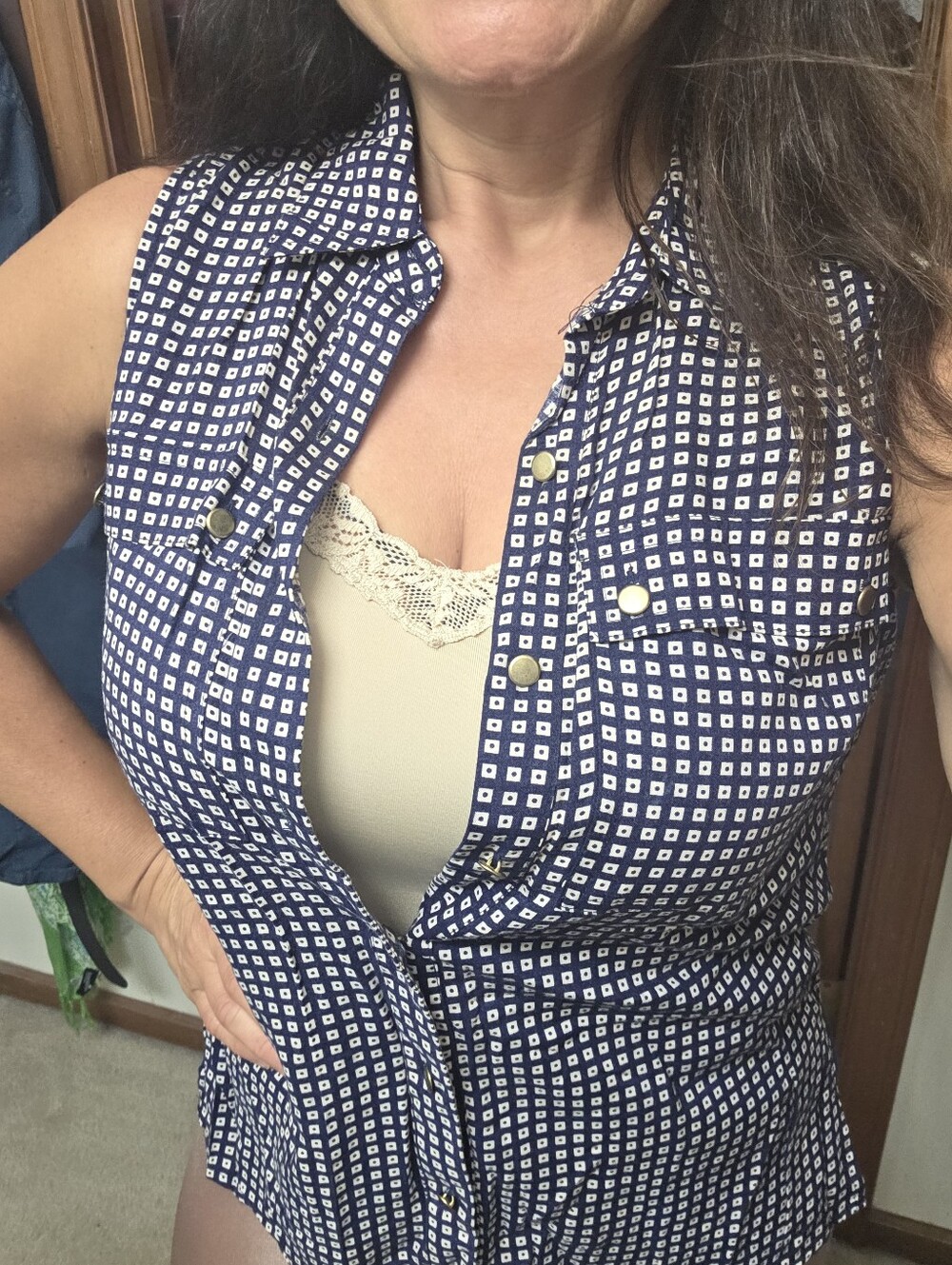 Sleeveless Navy Blue Geometric Button-Front Women's Top Cynthia ROWLEY